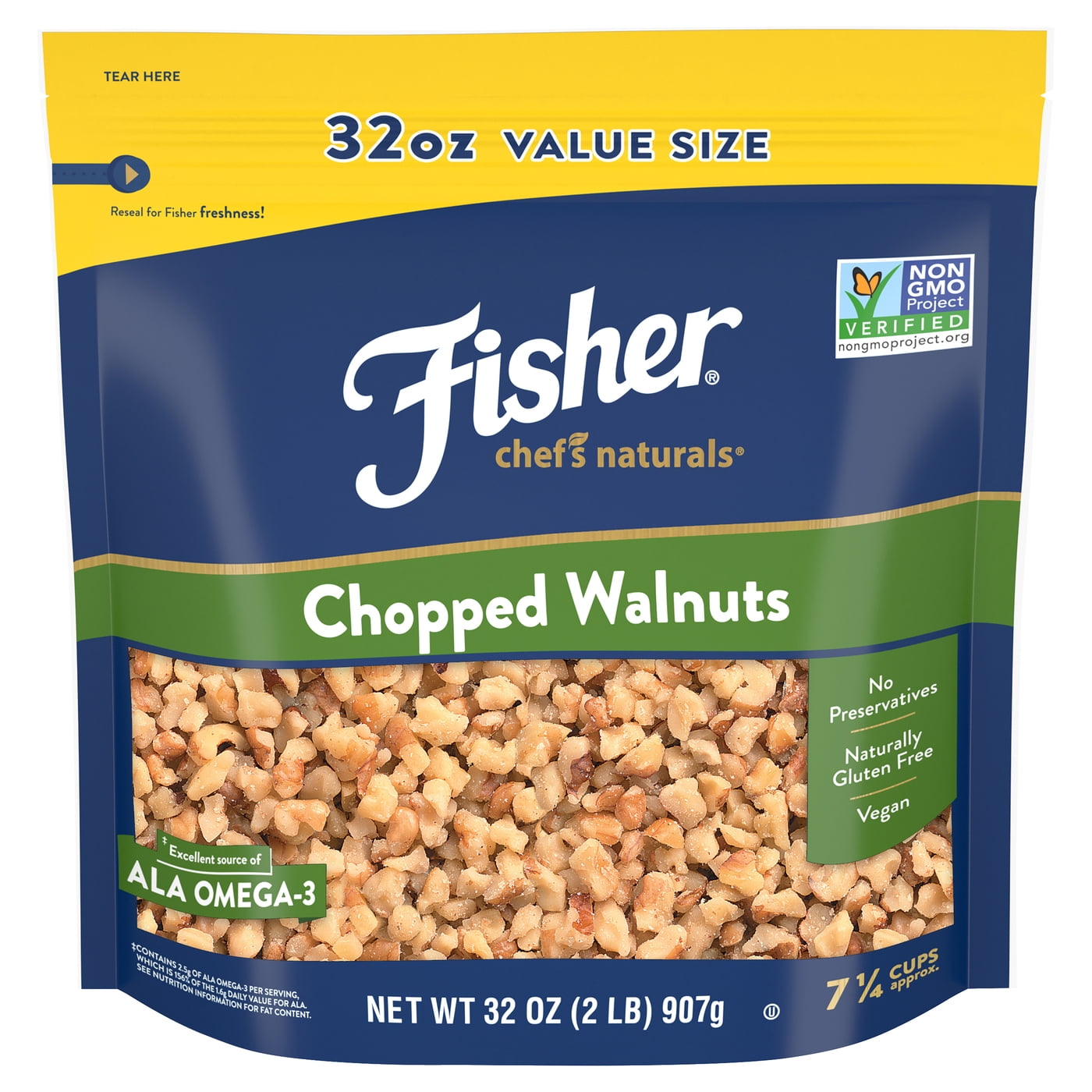 (2 pack) Fisher Chef's Naturals Gluten Free, No Preservatives, Non-GMO Chopped Walnuts, 32 oz Bag