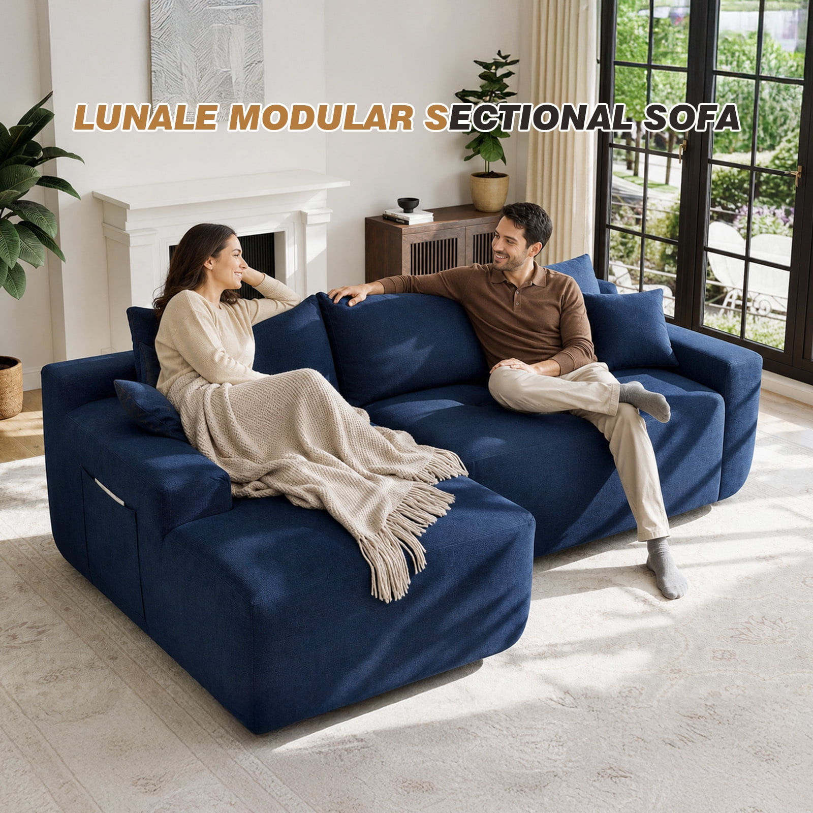 Lunale L-Shaped Modular Sectional Sofa with Left Chaise, No Assembly Required, Boneless Polyester Cloud Couch for Living Room, Blue