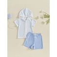 thumbnail image 4 of BemeyourBBs Toddler Terry Cloth Swim Cover Up Baby Boy Girl Swimsuit Trunks and Short Sleeve Plaid Striped Coverup Towel Zipper Hoodies Top Shorts Set Beach Bathing Suit Swimwear, 4 of 9
