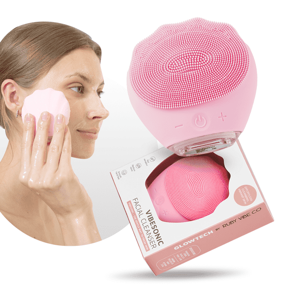 RUBY VIBE CO Vibe Sonic Facial Cleanser, Ultrasonic Silicone Face Scrubber with 5 Vibration Levels, USB Rechargeable - Pink