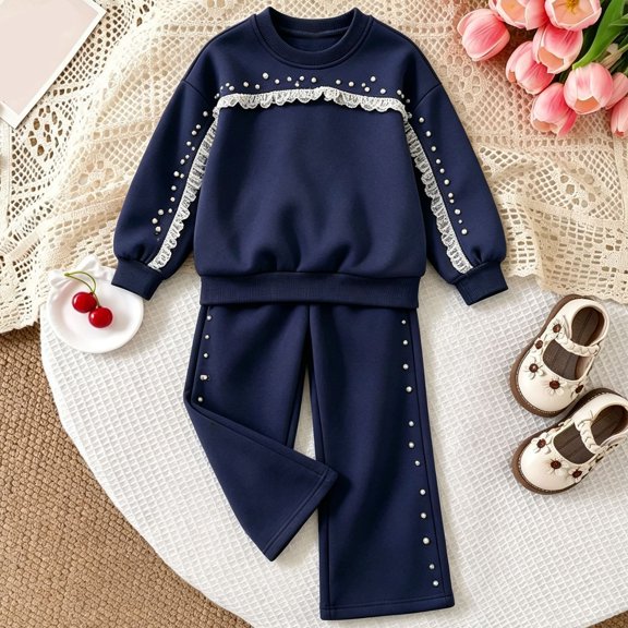 Angala 2 Piece Outfits For Girls Crew Neck Long Sleeve Lace Pearl Trim Sweatshirt With Wide Leg Pants Set Girls Autumn Daily Wear Clothes
