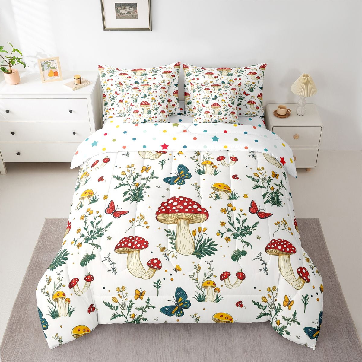 Homewish Cartoon Red Mushroom 7pcs Bedding Comforter Set For Kids Teens Female Girls,Flying Colorful Butterflies Queen Bedding Sets Super Cozy,Botanical Plants Queen Sheet Sets