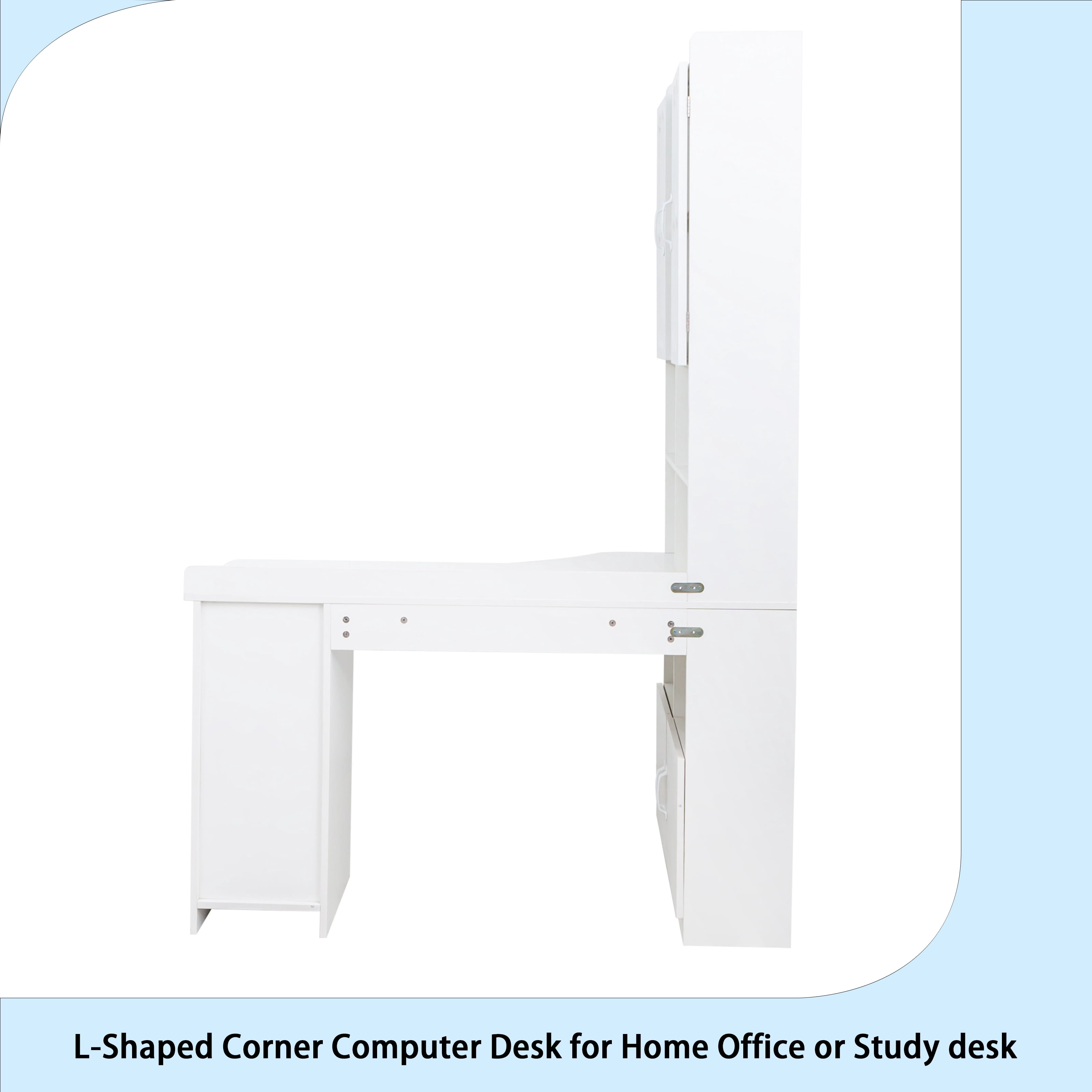 L-Shaped Corner Computer Desk for Home Office or Study desk, Study Modern Style Table with Drawers, Bookshelf & Hutch, 2-in-1 L-Shaped Design, Large Working Space,white