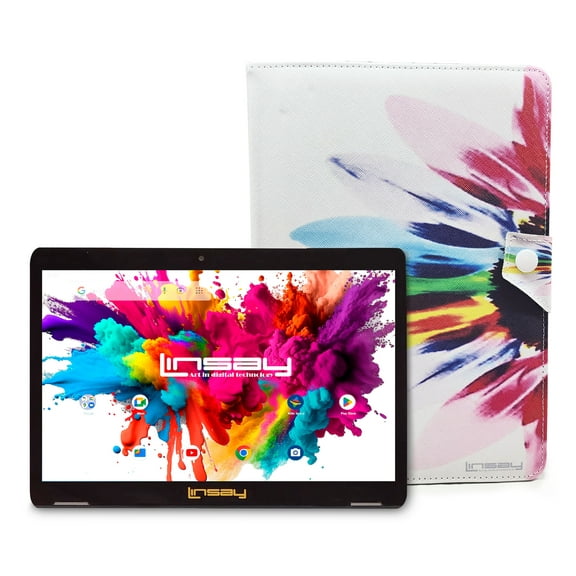 LINSAY 10.1" Octa Core 4GB RAM 128GB Storage Android 13 Tablet with case Rainbow Marble