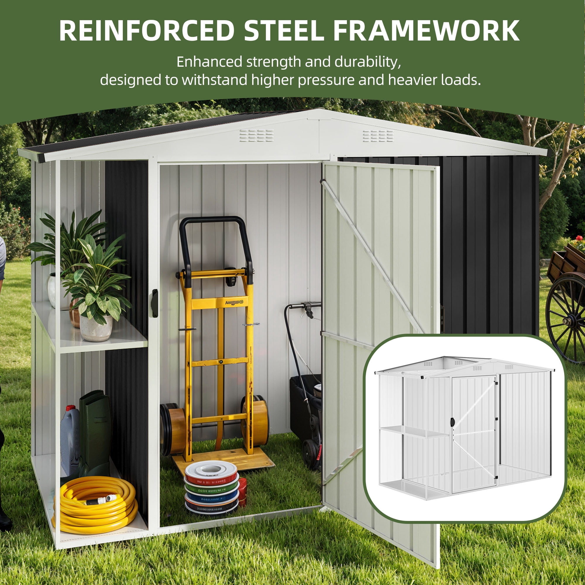 Uforic 8x4 FT Outdoor Metal Storage Shed with Shelves, Lockable Tool Cabinet for Garden (Black)