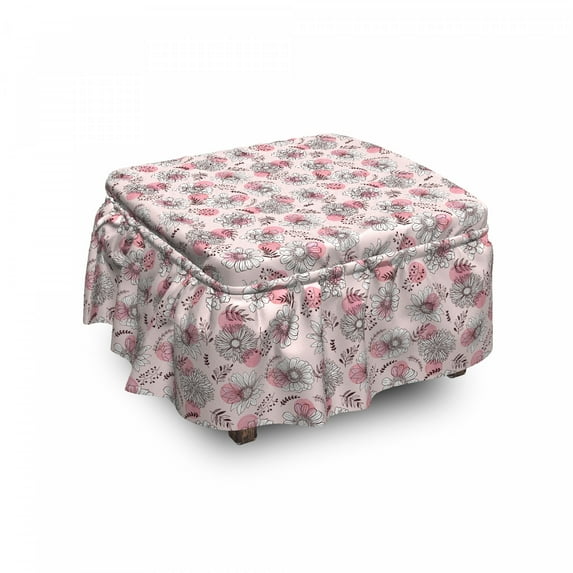 Flower Ottoman Cover, Sketchy Flowers on Soft Pink, 2 Piece Slipcover Set with Ruffle Skirt for Square Round Cube Footstool Decorative Home Accent, Standard Size, Seal Brown Pale Pink, by Ambesonne