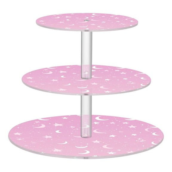 Wobogo Star Moon Pink Pattern 3 Tier Acrylic Cake Stand with Clear Round Hold for Wedding Holiday Birthday Baby Shower Tea Party