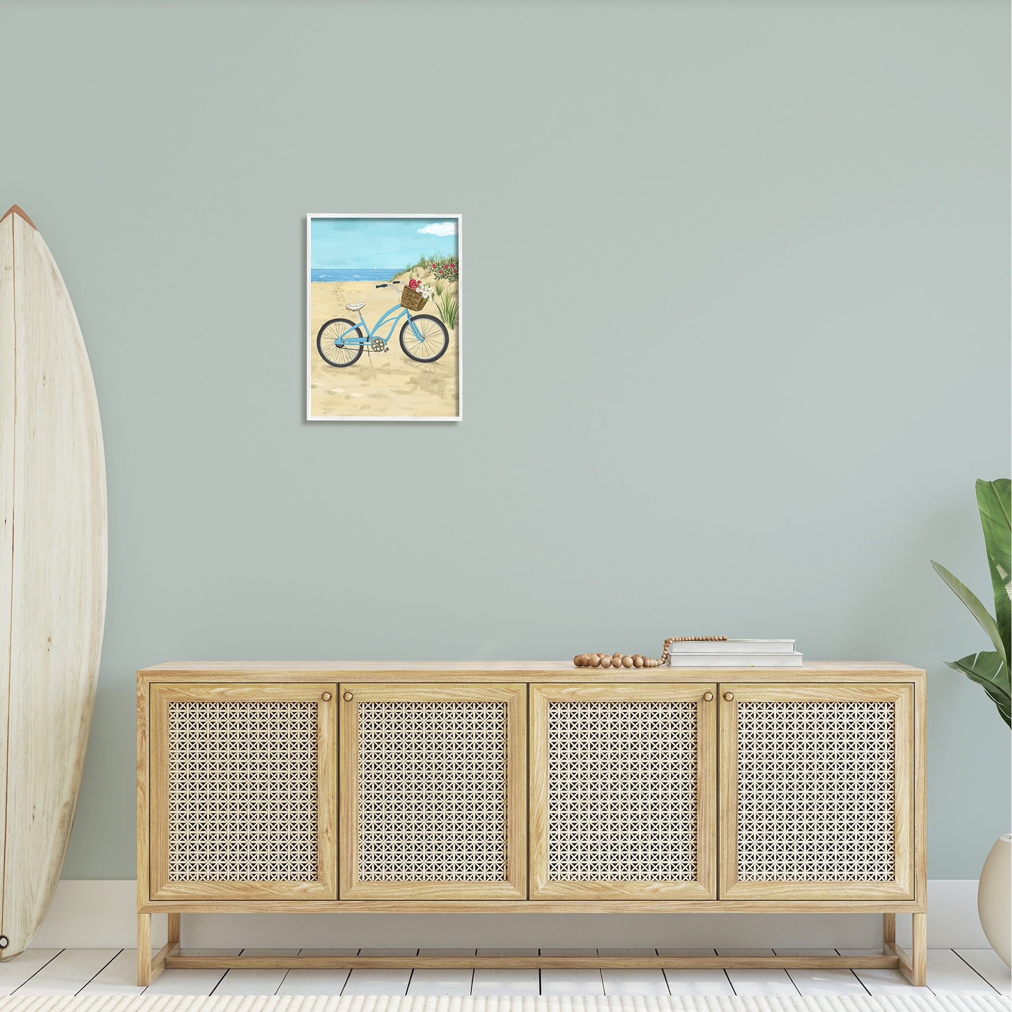 Stupell Industries Blue Bicycle Flower Blossom Basket Beach Sand Painting White Framed Art Print Wall Art, Design by Sharon Lee