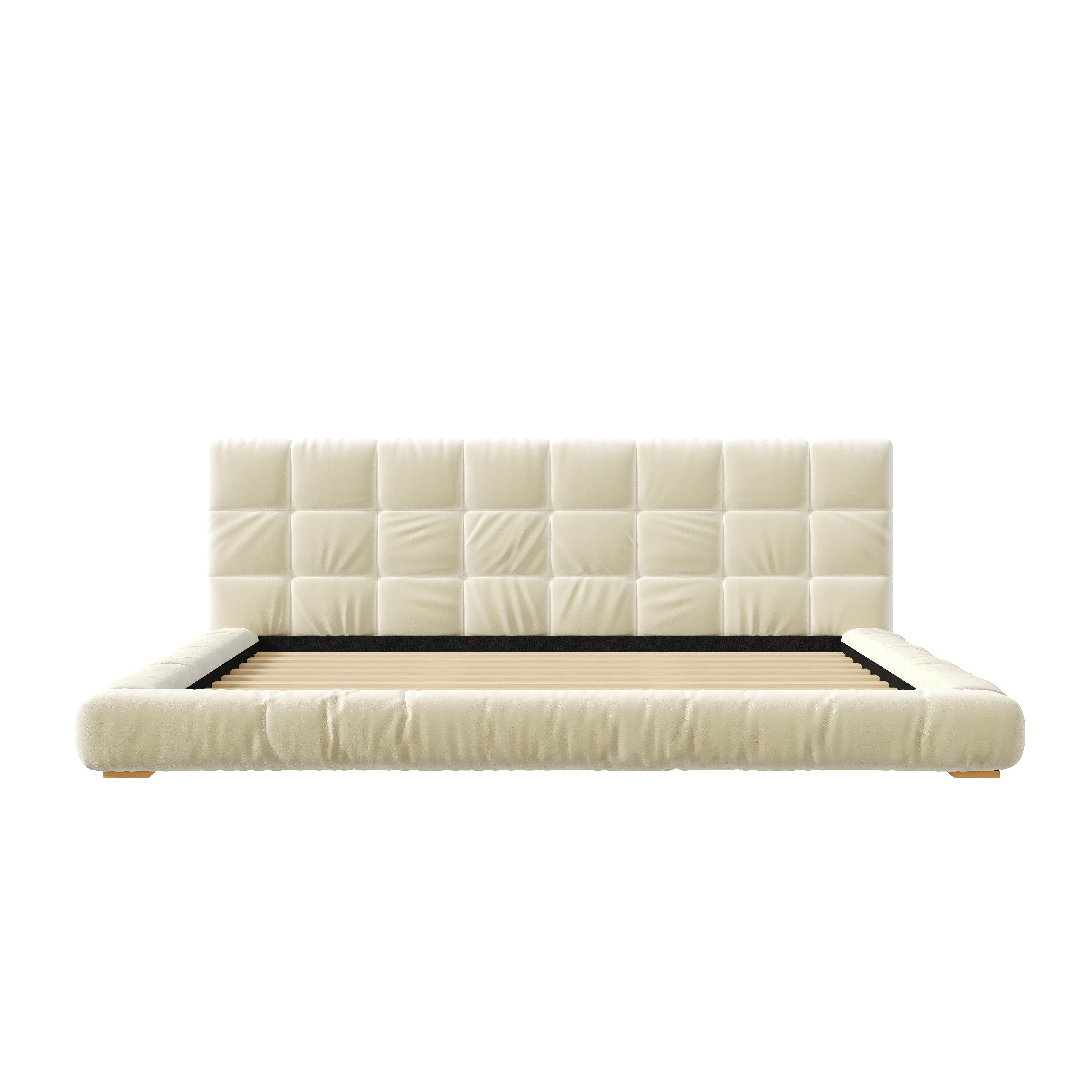 Euroco Velvet Upholstery King Size Platform Bed with Channel Tufted Headboard, Beige
