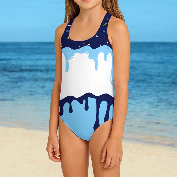 ZHOGXU Children Kids Girls One Piece Swimsuit Sleeveless Suspenders Ice Cream Print Comfortable Stylish Swimwear For Beach Pool,Blue,9-10 Years