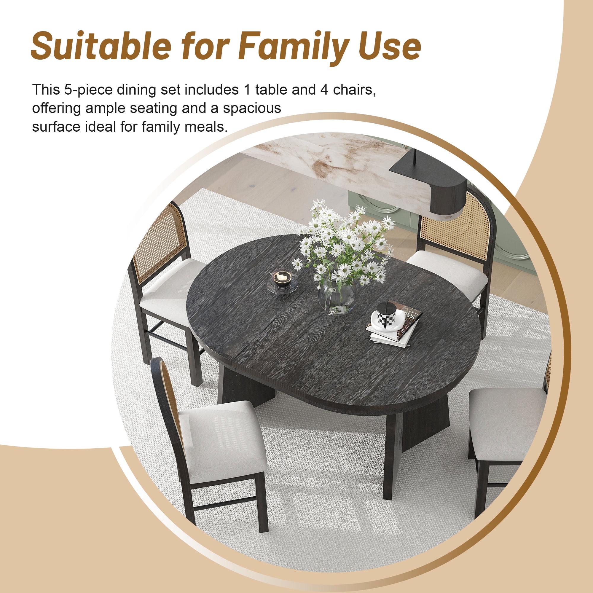 Harper & Bright Designs Farmhouse 6 Pieces Dining Table Set for 6, Solid Wood Kitchen Table Set with 4 Upholstered Chairs and Bench, Grey
