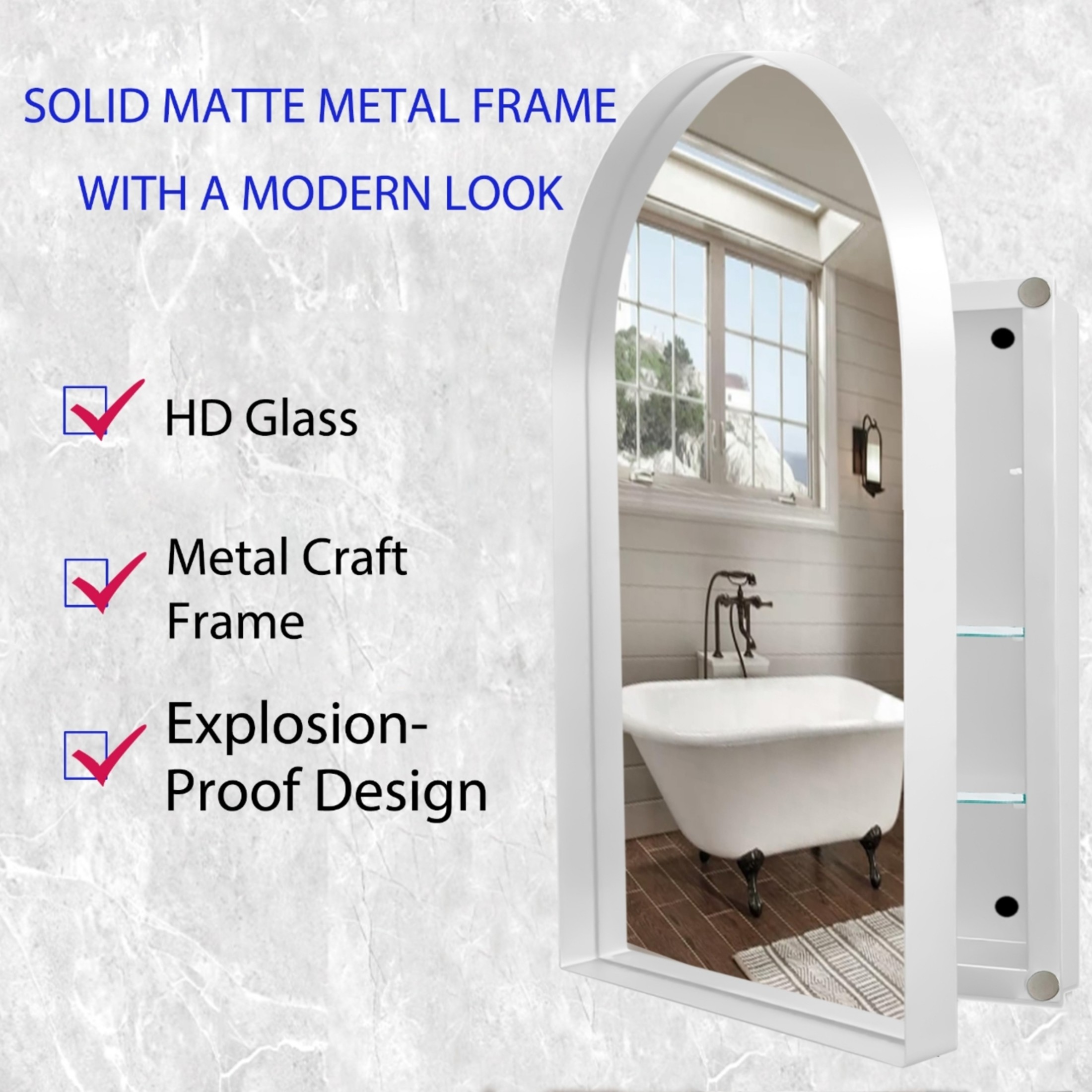 Noble House Arched Medicine Cabinet with Mirror, Recessed or Surface Mount, Adjustable Shelves, White