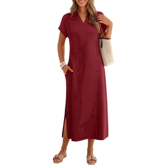 Merokeety Womens Summer Maxi Dress V Neck Collared Vacation T Shirt Long Dresses Wine m