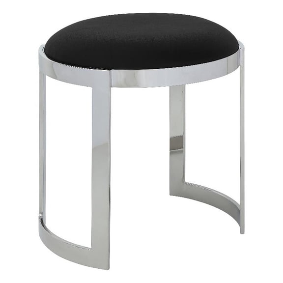 Benjara Niyo 19" Accent Stool Ottoman Ottoman- Round Black Faux Leather- Silver