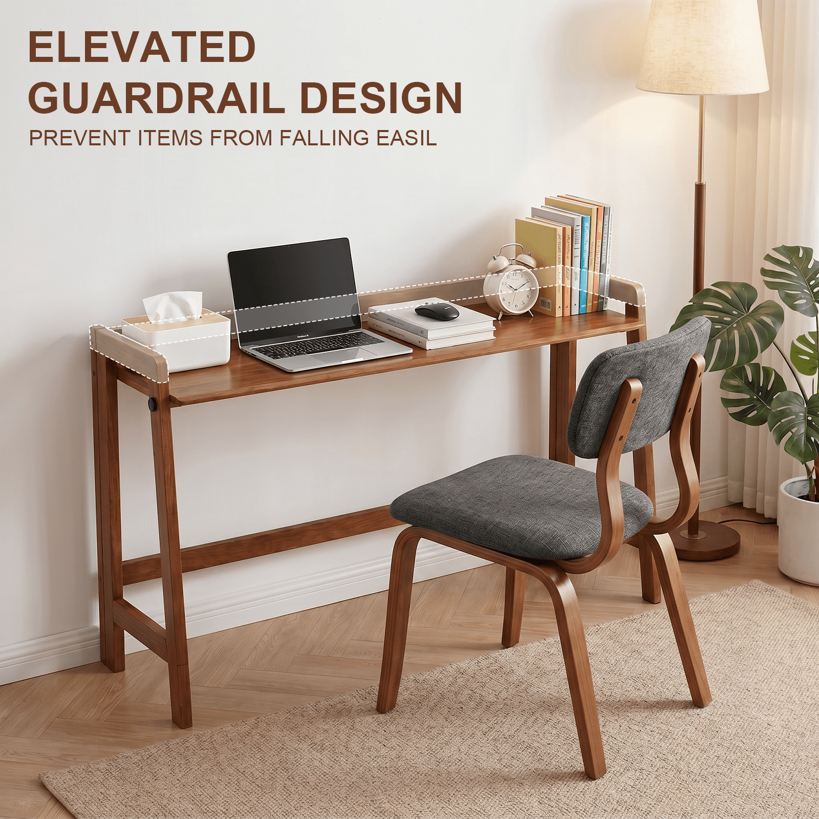 49-Inch Folding Solid Wood Desk with Cable Grooves, Mid-Century Modern Foldable Computer Desk and Writing Table for Home Office, Walnut