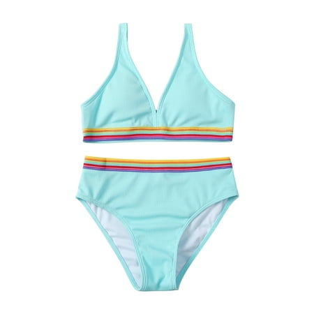

Daughter Baby Girls Swimsuit Girl s Cute Printed High Waist Bikini Teen Swimsuits Two Piece Bathing Suits Light Blue 10-11 Years
