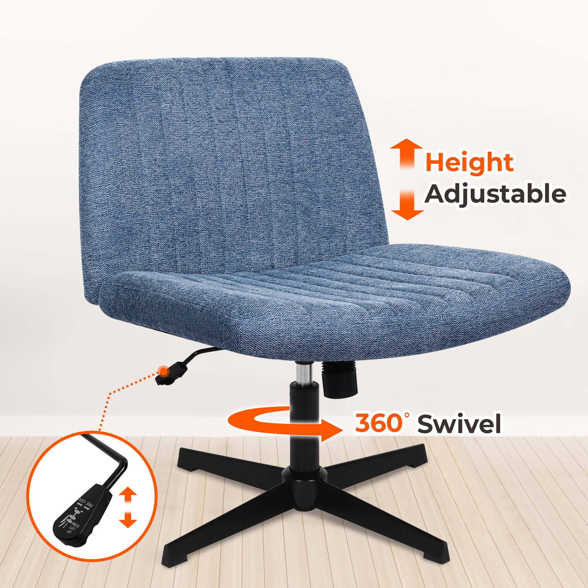 NEO CHAIR Criss Cross Chair No Wheels Armless&nbsp;Comfy Desk Chair Wide Vanity Makeup&nbsp;Cross Legged Office Adjustable Computer Task for Home Office Fabric (Blue)