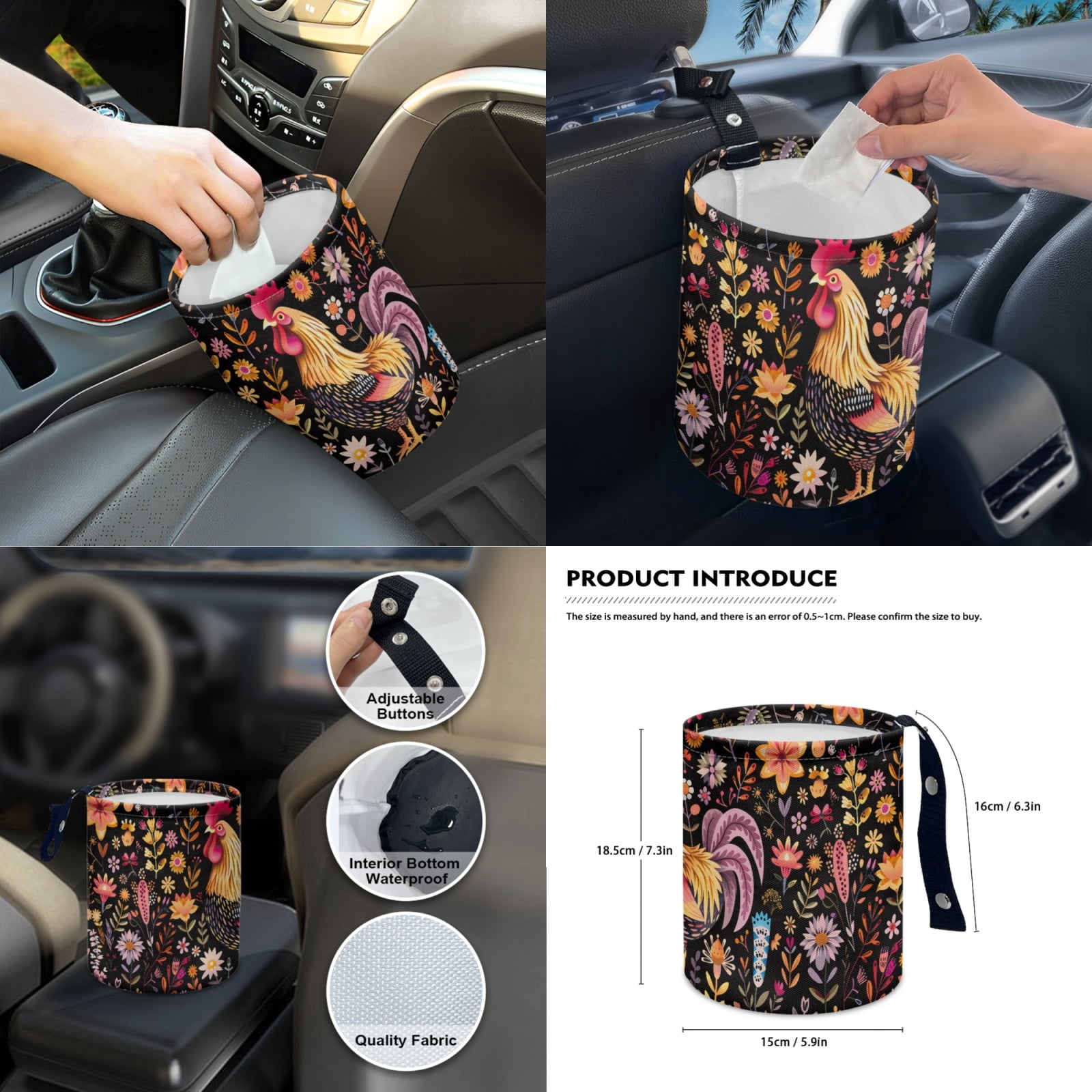 Yuyamidu 14 PCS Chicken Car Seat Cover Full Set with Steering Wheel Cover Floral Seat Belt Cover Cross Trash Can Rear View Mirror Cover Coaster Center Console Cover Gear Shift Knob Cover Set
