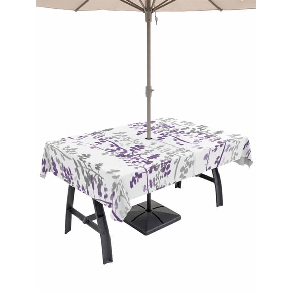 Outdoor Tablecloths with Umbrella Hole & Zipper, Purple Grey Botanical 60 x102 Inch Rectangle Tablecloths, Spring Floral Summer Farmhouse Waterproof Table Cloth, Patio/Pool/Picnic Table Covers