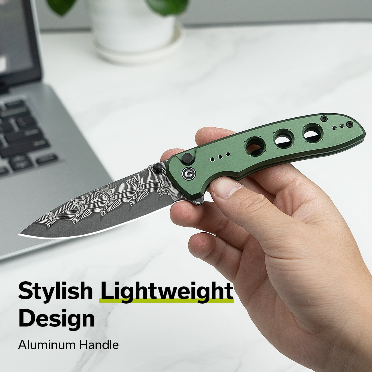 CIVIVI Hyperpulse Pocket Folding Knife, 3.5" Damascus Blade Lightweight Green Aluminum Handle C23087A-4