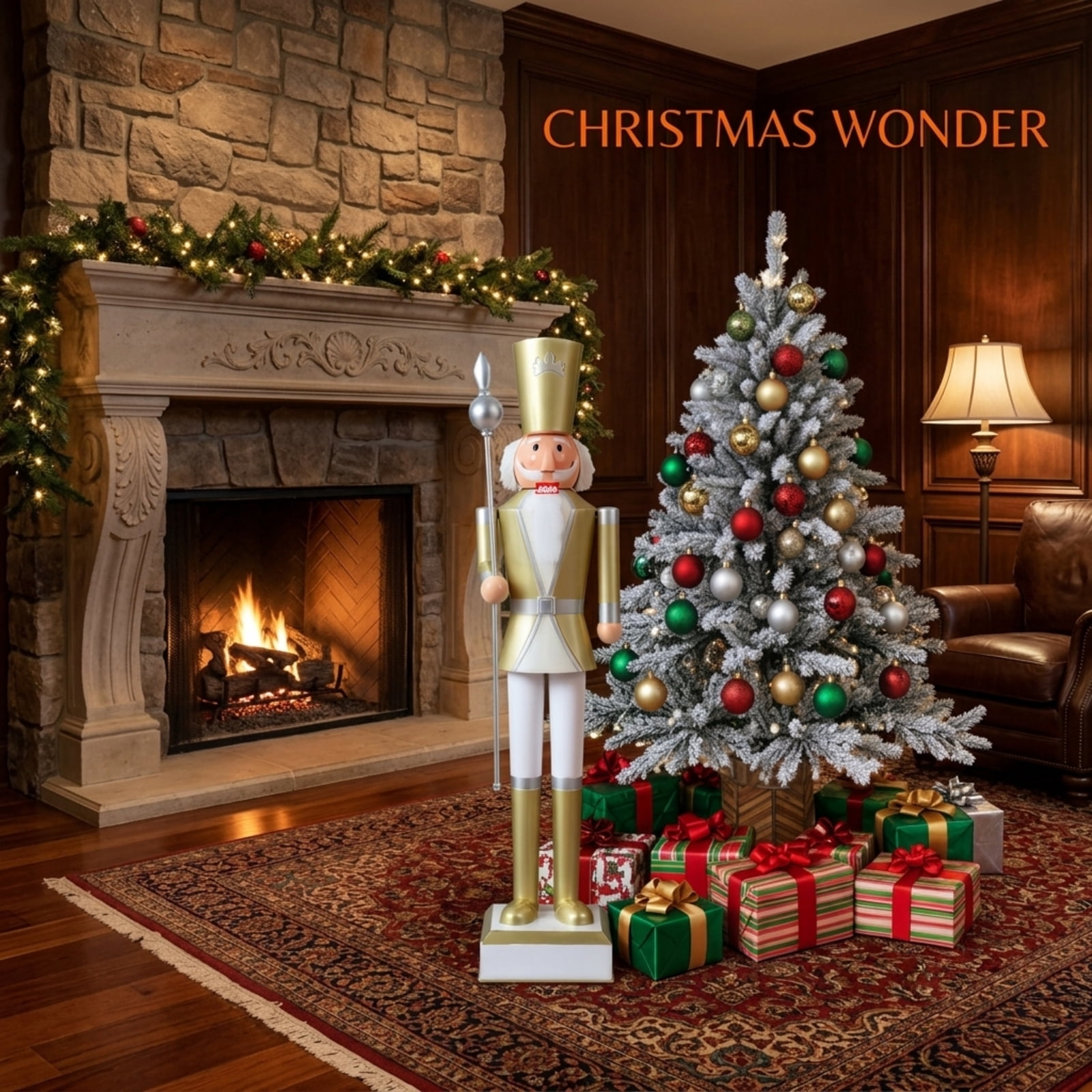 RUIE 4FT Christmas Nutcracker with High Hat and Scepter, White & Golden Metal Nutcracker Soldier with Hidden Storage for Indoor Outdoor Holiday