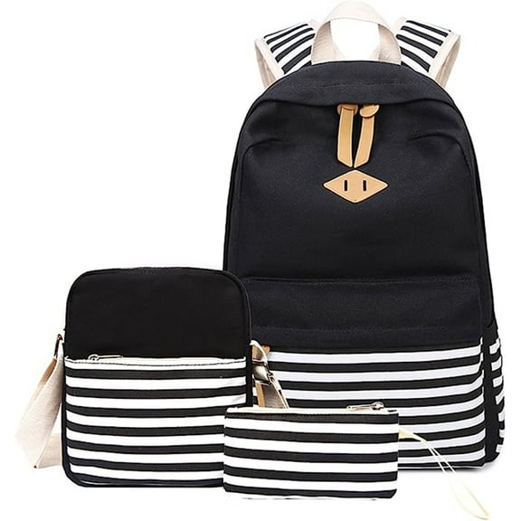 Triani Causal Canvas Stripe Backpack Cute Teen Backpacks For Girls School Bag (Black)