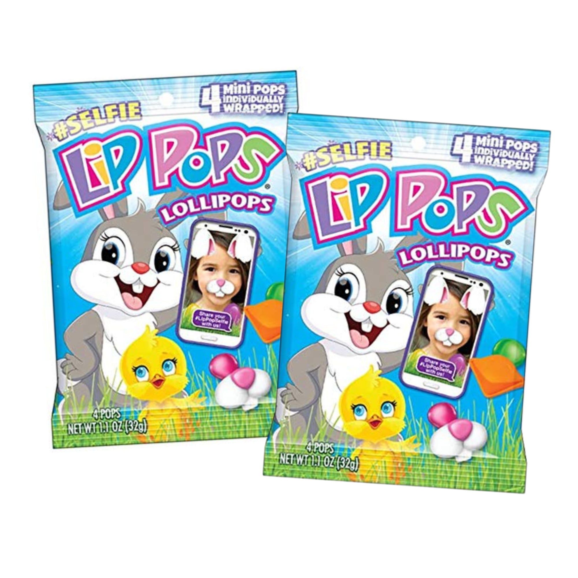 Mini Easter Selfie Lip Pops Lollipops Individually Wrapped Bunny and Chick Lips Toy Basket Stuffers for Kids, One Bag Includes Four Candies Pack of 2