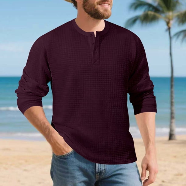 pstuiky Camisas de manga larga abrigadas para hombre, Camisa de entrenamiento de manga larga con cuello redondo y medio botón informal de colores sólidos para hombre Tops casuales para hombres s