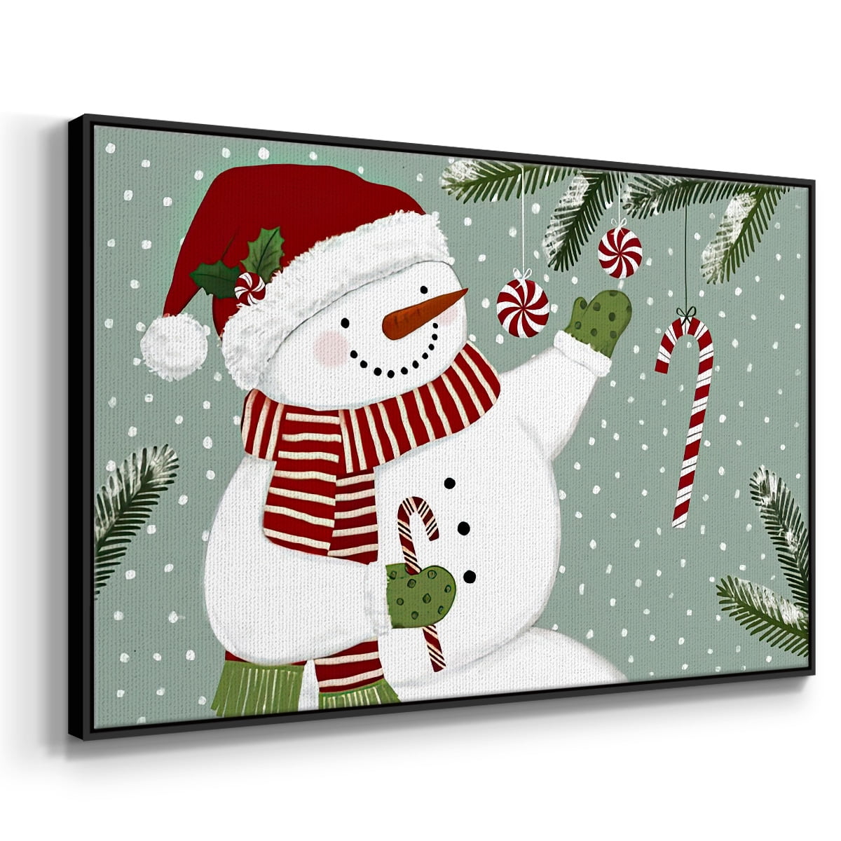 Peppermint Snowman Collection A - Framed Gallery Wrapped Holiday Canvas - 27 x 41 - Black Frame