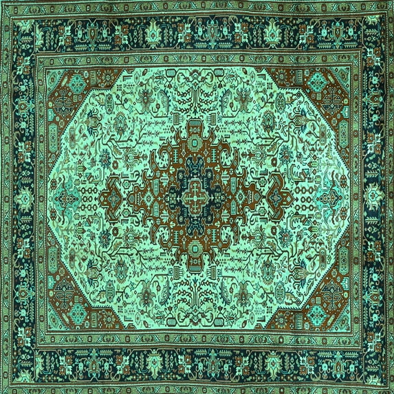 Ahgly Company Machine Washable Indoor Square Medallion Turquoise Blue Traditional Area Rugs, 8' Square