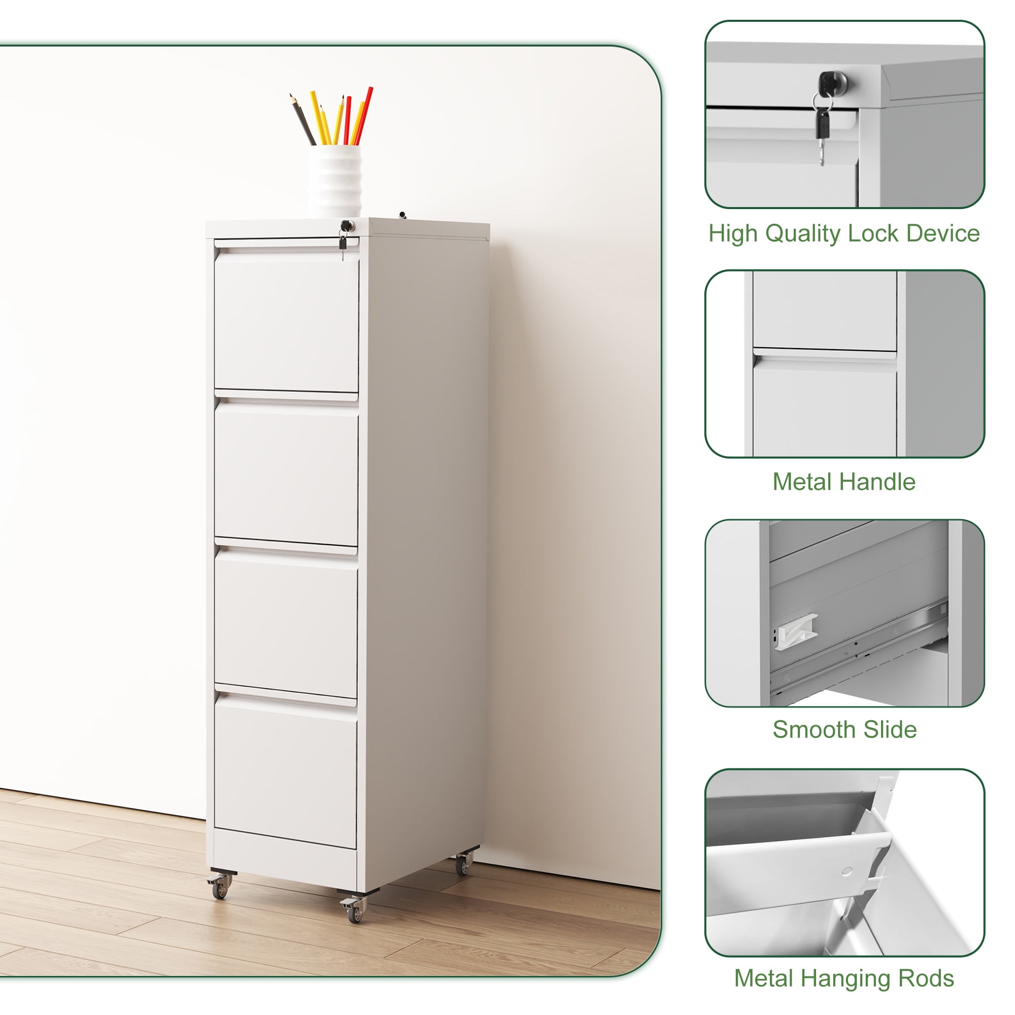 4 Drawer Metal Locking Vertical File Cabinet on Wheels, Heavy-Duty Lockable Cabinet for Home & Office, Black, 17.71"D*15.16"W*52.28"H, White