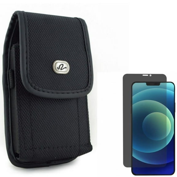 Privacy Screen Protector & Case Belt Clip for iPhone 12 Pro Max ONLY - Tempered Glass Curved Anti-Spy Anti-Peep 3D Edge   Rugged Holster Canvas Cover Pouch Combo