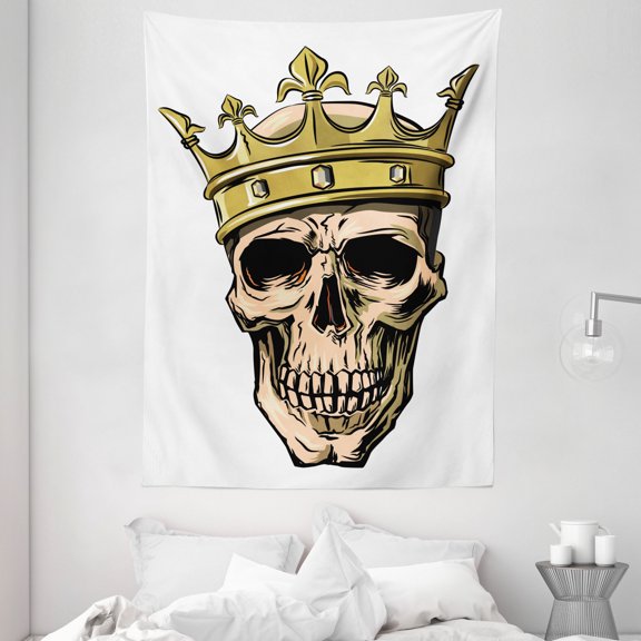 King Tapestry, Dead Skull Skeleton Head with Royal Holy Crown Tiara Hand Drawn Image, Wall Hanging for Bedroom Living Room Dorm Decor, 60W X 80L Inches, Golden and Light Brown, by Ambesonne