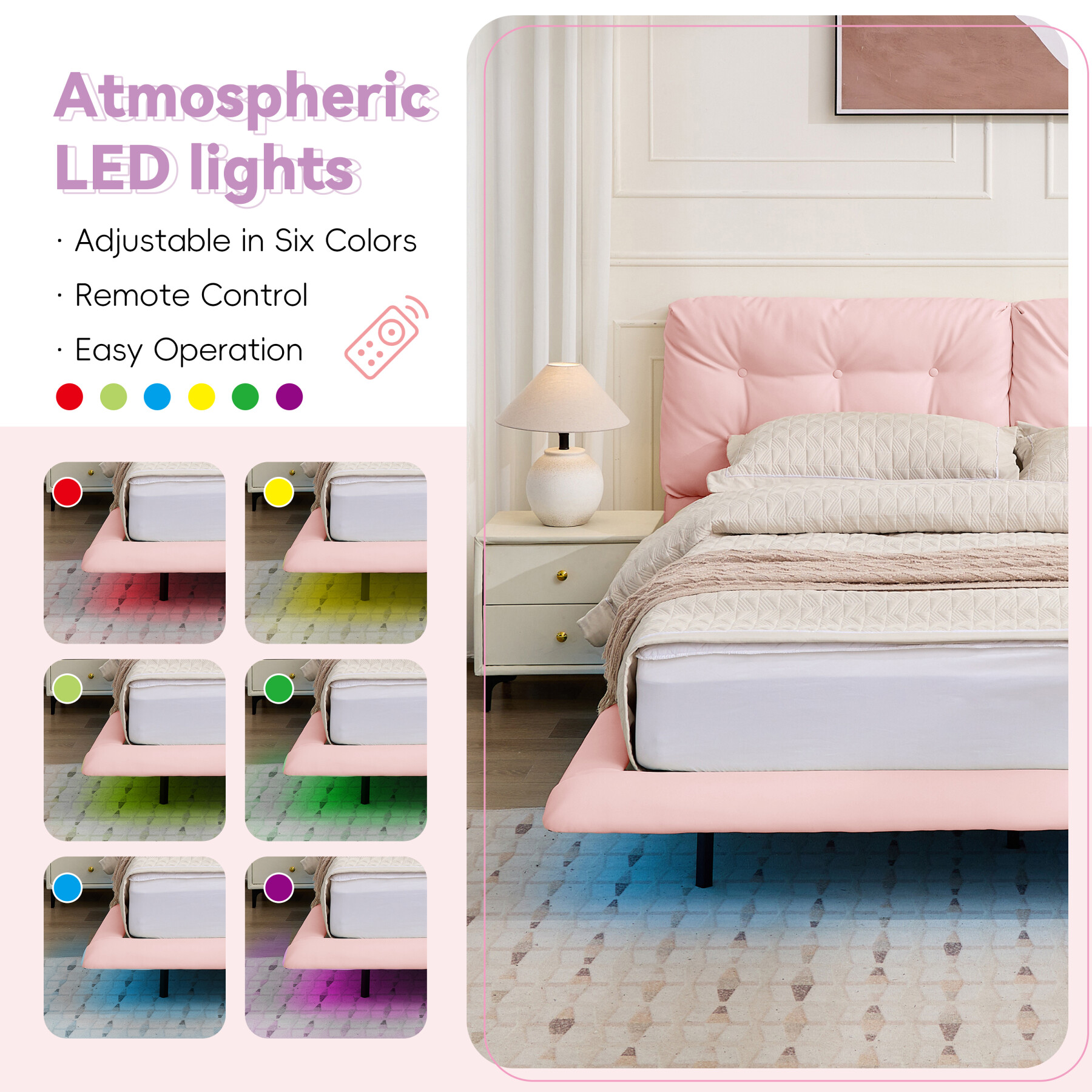 Queen Size Floating Bed Frame with LED Lights, Upholstered Platform Bed with Button Tufted Headboard, No Box Spring Needed, Easy Assembly, Pink
