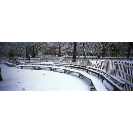 Snowcapped benches in a park Washington Square Park Manhattan New York City New York State USA Canvas Art - Panoramic Images (18 x