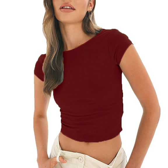 WNEGSTG Summer Casual Sexy Slim Fit Shirts for Women Ultra Short Sleeve T Shirt Large Open Back Tight Tops Red