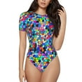 thumbnail image 2 of Uemuo Colorful Tie Dye Stained Glass 2 Pattern Women's One Piece Short Sleeve Swimsuit Rash Guard Surfing Modest Quick-drying Swimsuit Beach Essentials-Small, 2 of 9