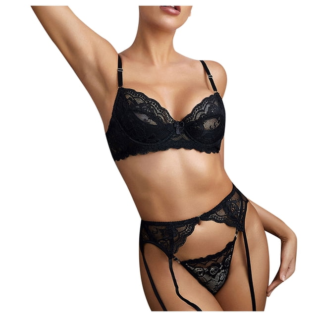 Gibobby Conjuntos de bragas con sujetador Conjunto de ropa interior de encaje y ligero de verano grande de piezas para mujer con anillo de(Negro, G)