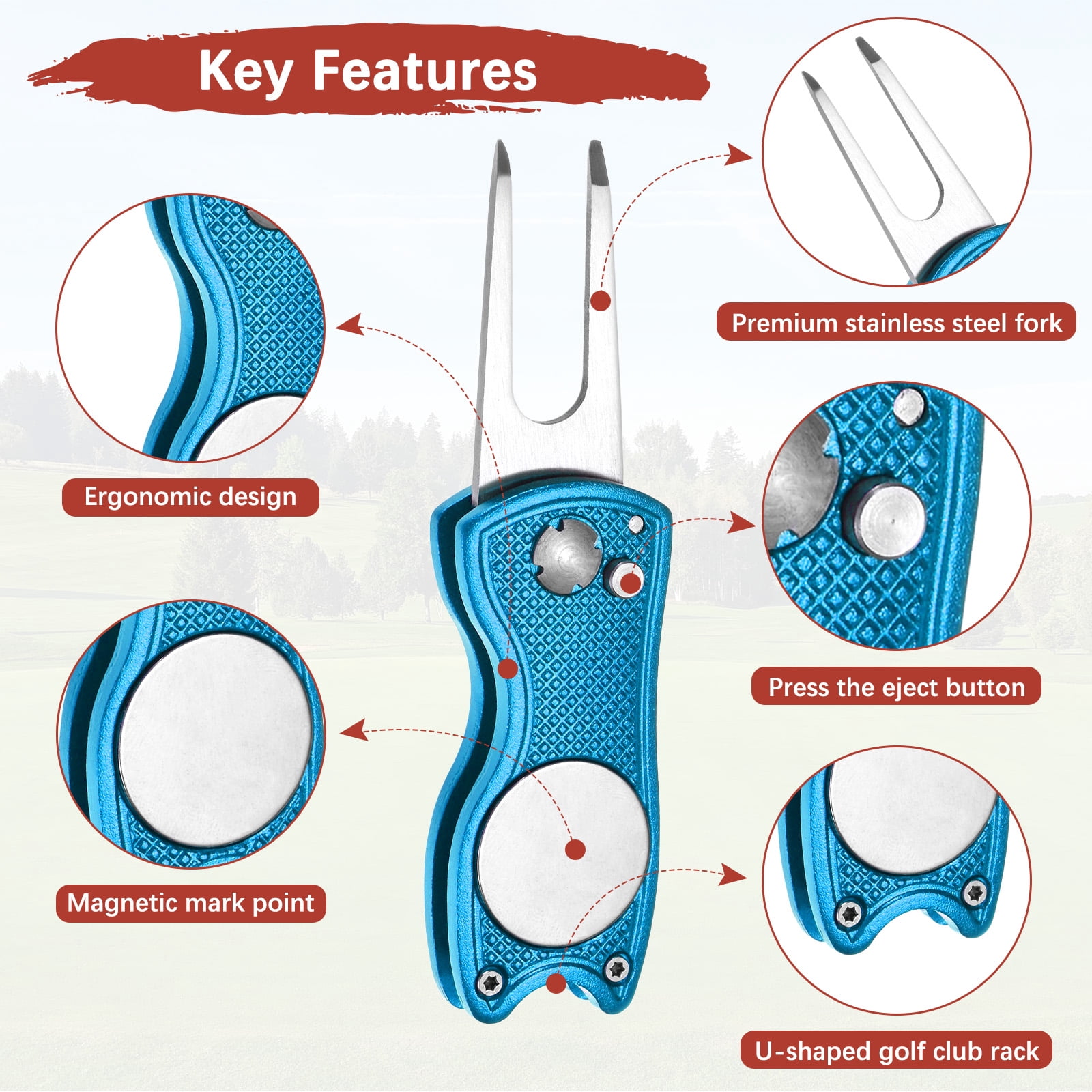 Uxcell Golf Divot Repair Tool [4PCS] - Switch Foldable Divot Tool Rack with Magnetic Ball Marker - [Blue] Green Fork Tines