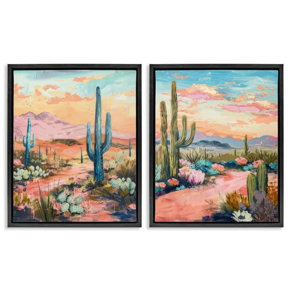 Stupell Industries Cactus Paths & Sunset Landscape & Nature Painting Black Floater Framed Canvas Art Print Wall Art, 17 x 21, Set of 2