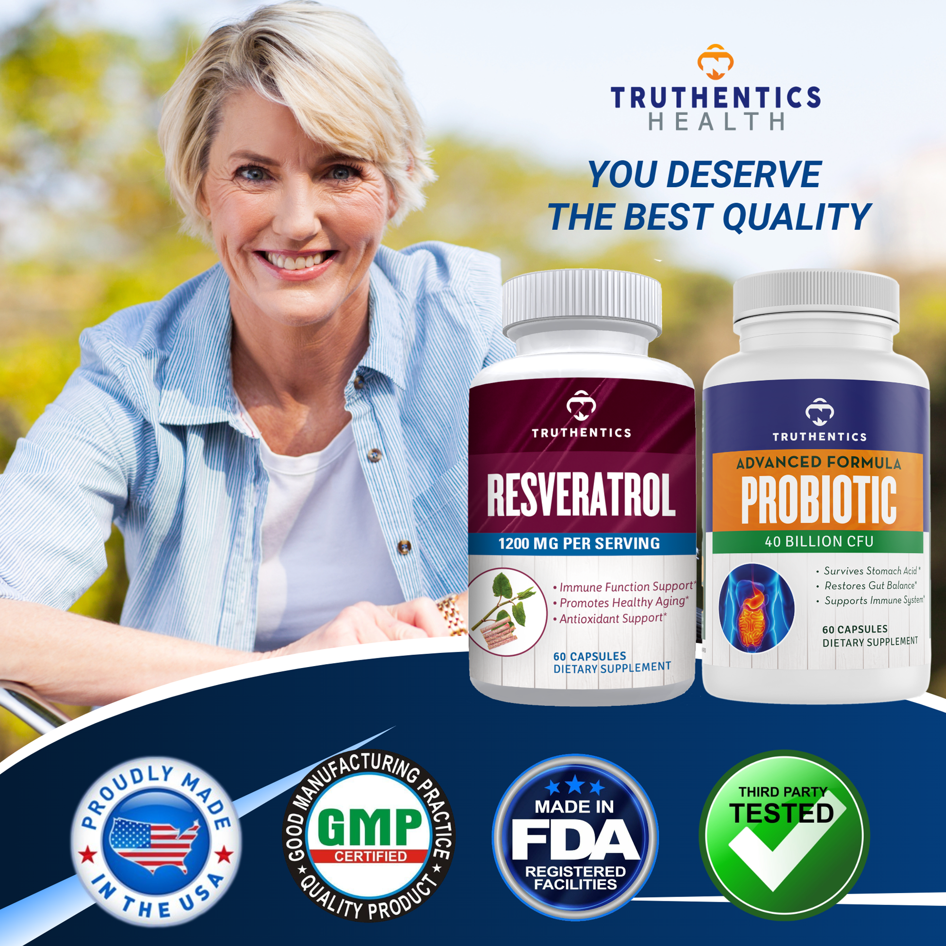 Truthentics Resveratrol 1200 MG Plus Probiotic 40 Billion CFU - Bundle, 60 Count Each - Immune, Heart, Digestive, Gut Health