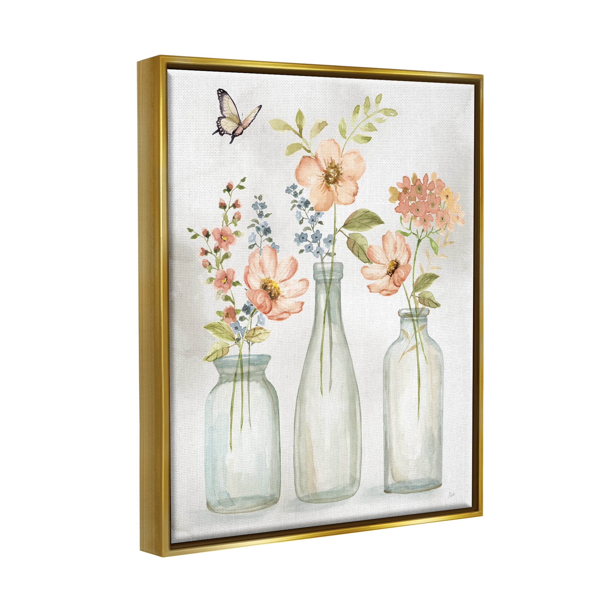 Stupell Pink Blossoms Butterfly Arrangement Botanical & Floral Painting Gold Floater Framed Art Print Wall Art