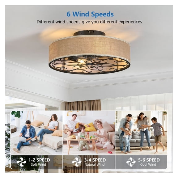 20 Inch Caged Ceiling Fan with Lights, Flush Mount Farmhouse Fan, Bladeless Remote Control Ceiling Fan for Bedroom, 6 Speed Reversible Fandelier - White