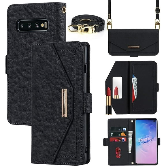 Crossbody Wallet for Samsung Galaxy S10 Case with Adjustable Lanyard Strap Credit Card Holder 6.1",PU Leather Handbag Purse Kickstand Make Up Mirror Cover Case for Men Women Girl,Black