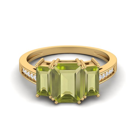 1.82 Ct Emerald Cut Peridot 925 Sterling Silver Gold Vermeil Three Stone Women Valentines Day Gifts Ring