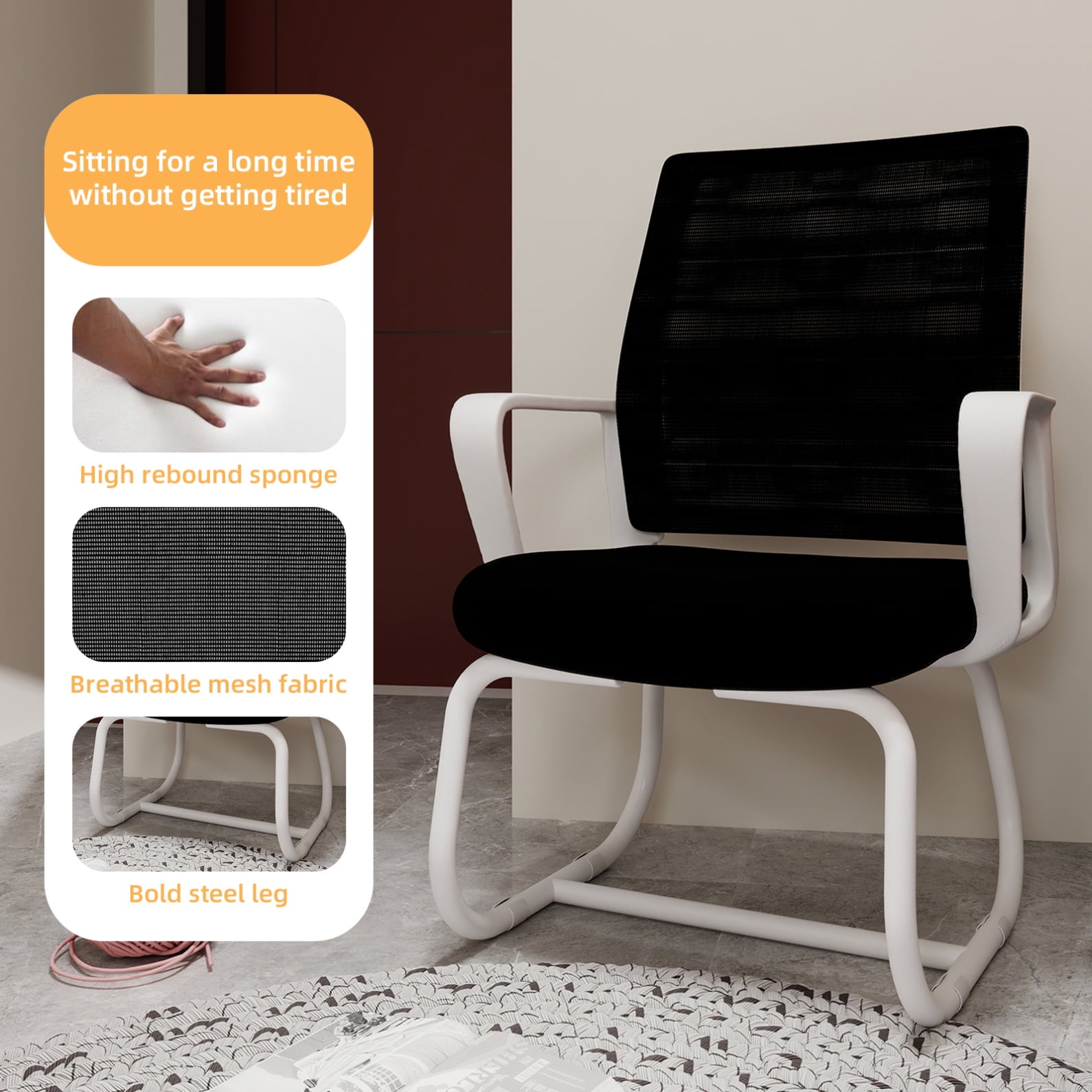 Modern Office Chair No Wheels, Ergonomic Study Chair with Handrail and Steel Legs, Comfy Home Office Desk Chairs with Ultra Thick Cushion, White+Black