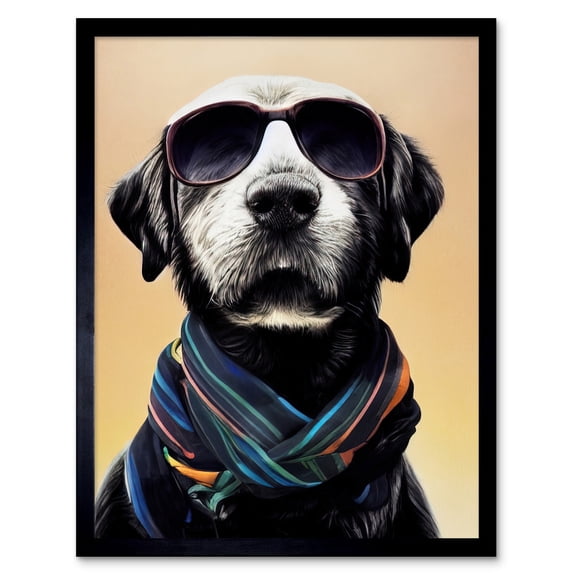 Fashion Trendy Black Labrador Dog Sunglasses Art Print Framed Poster Wall Decor 12x16 inch
