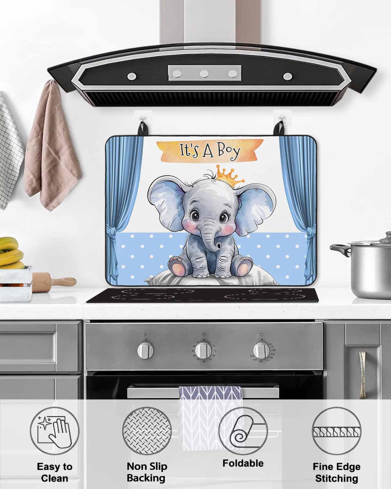 nqOlkjepod Large Induction Cooktop Protector Mat 24"x21", Blue Elephant Stove Top Covers for Electric Stove, Watercolor Cute Cartoon Animals Decorative Stove Burner Cover Mats, Glass Top Stove Cover