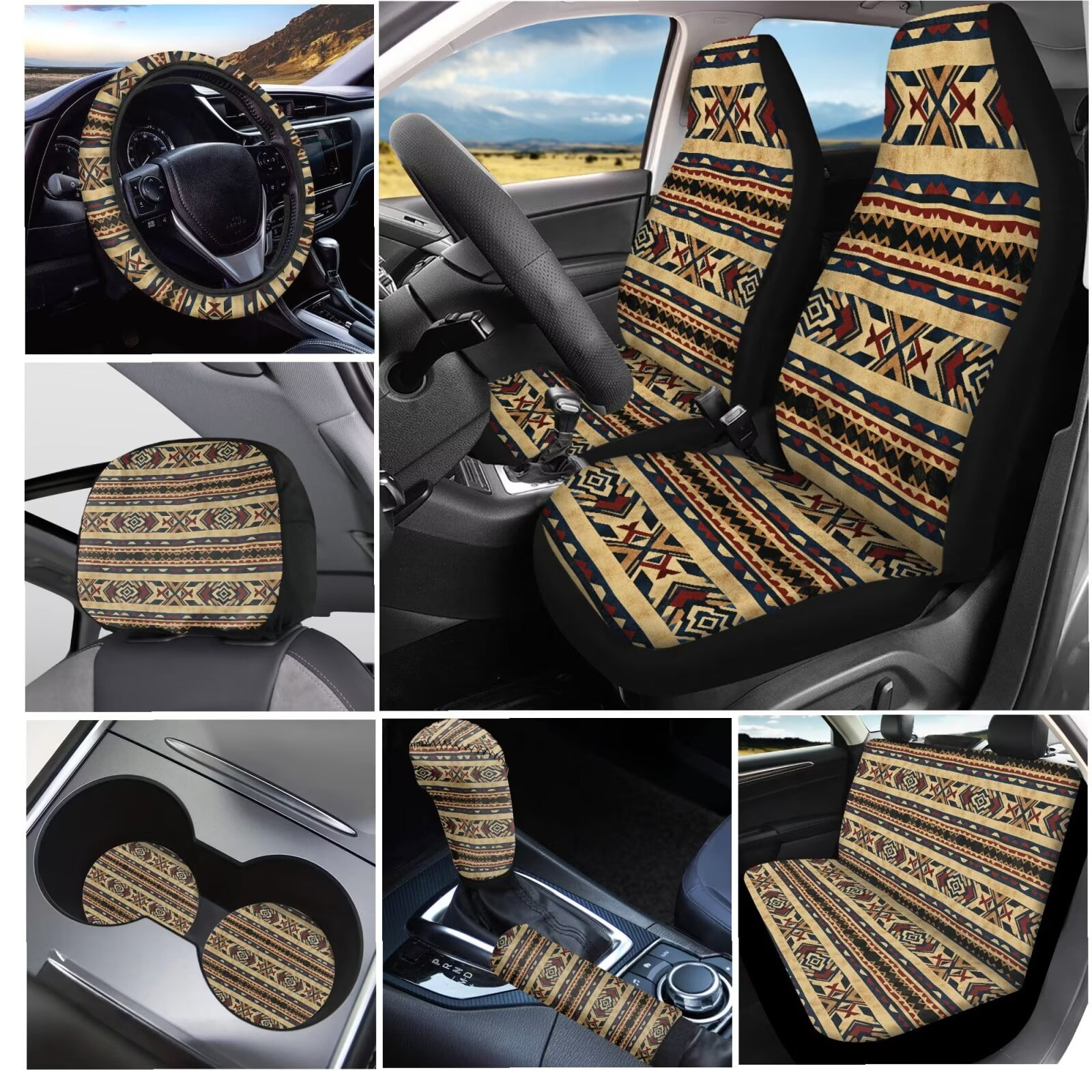 Garronmavis Aztec Geometry Car Seat Covers Full Set Tribe Style with Steering Wheel Wrap Gear Shift Cover Handbrake Sleeve Headrest Protectors Cup Coaster Fit for Most Sedan Van Truck