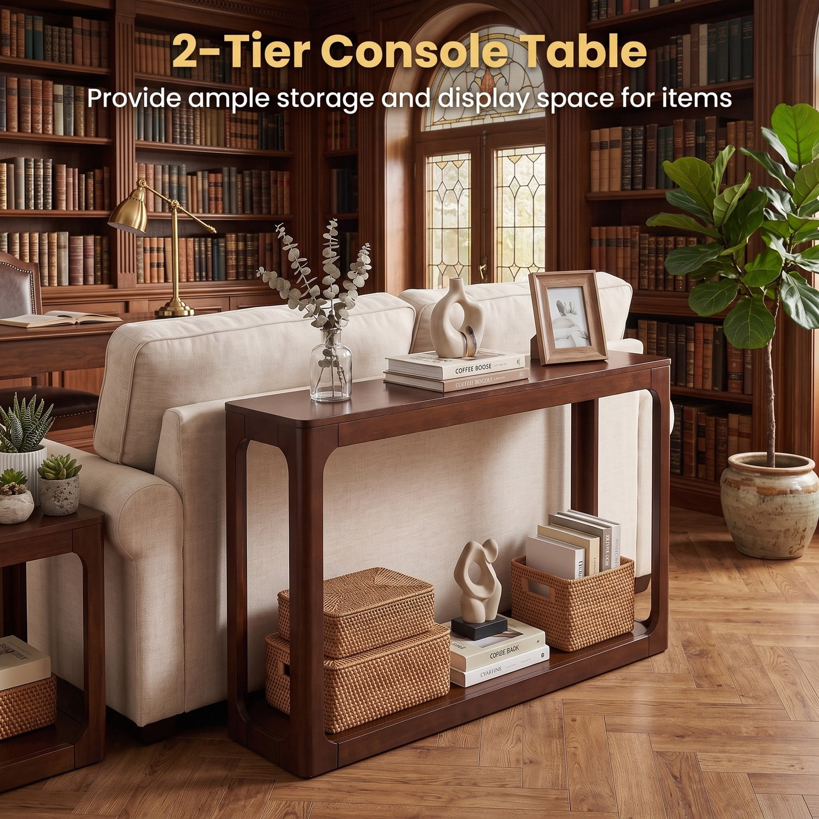 Furnibear 2-Tier Mid Century Wood Console Table with Open Storage Shelf and Solid Rubber Wood Frame for Foyer and Hallway, Brown